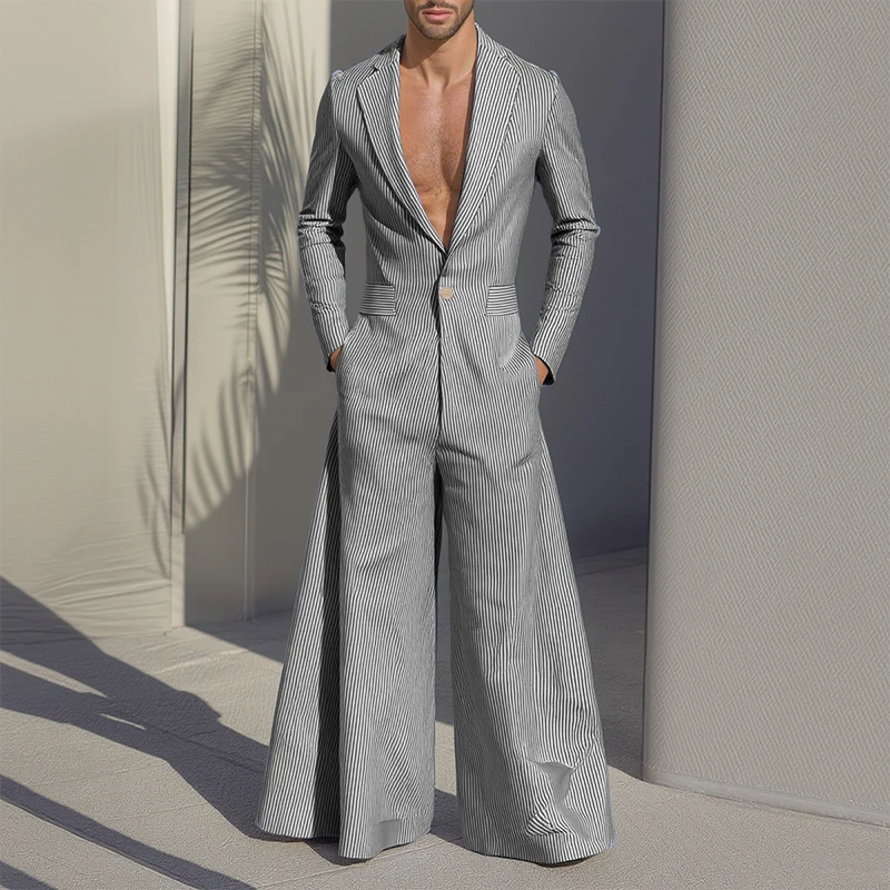 

INCERUN Men Striped Jumpsuits Loose Lapel Long Sleeve Elegant Fashion Male Overalls Streetwear 2025 Casual Wide Leg Rompers Men