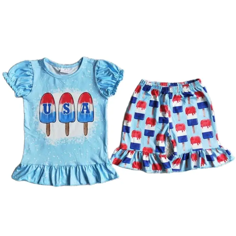 

Wholesale Baby Girl July 4th Summer Infant Outfit Toddler Short Sleeve Shirt Popsicle Ruffle Shorts Children Kids Two Pieces Set