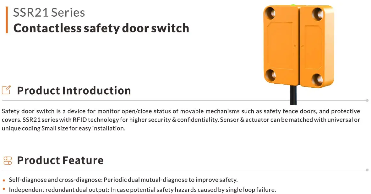 SSR21 Safety Interlock Switch with Actuator Tongue for Machine Guarding Door Position Detection IP65 Rated PP Material 150mA