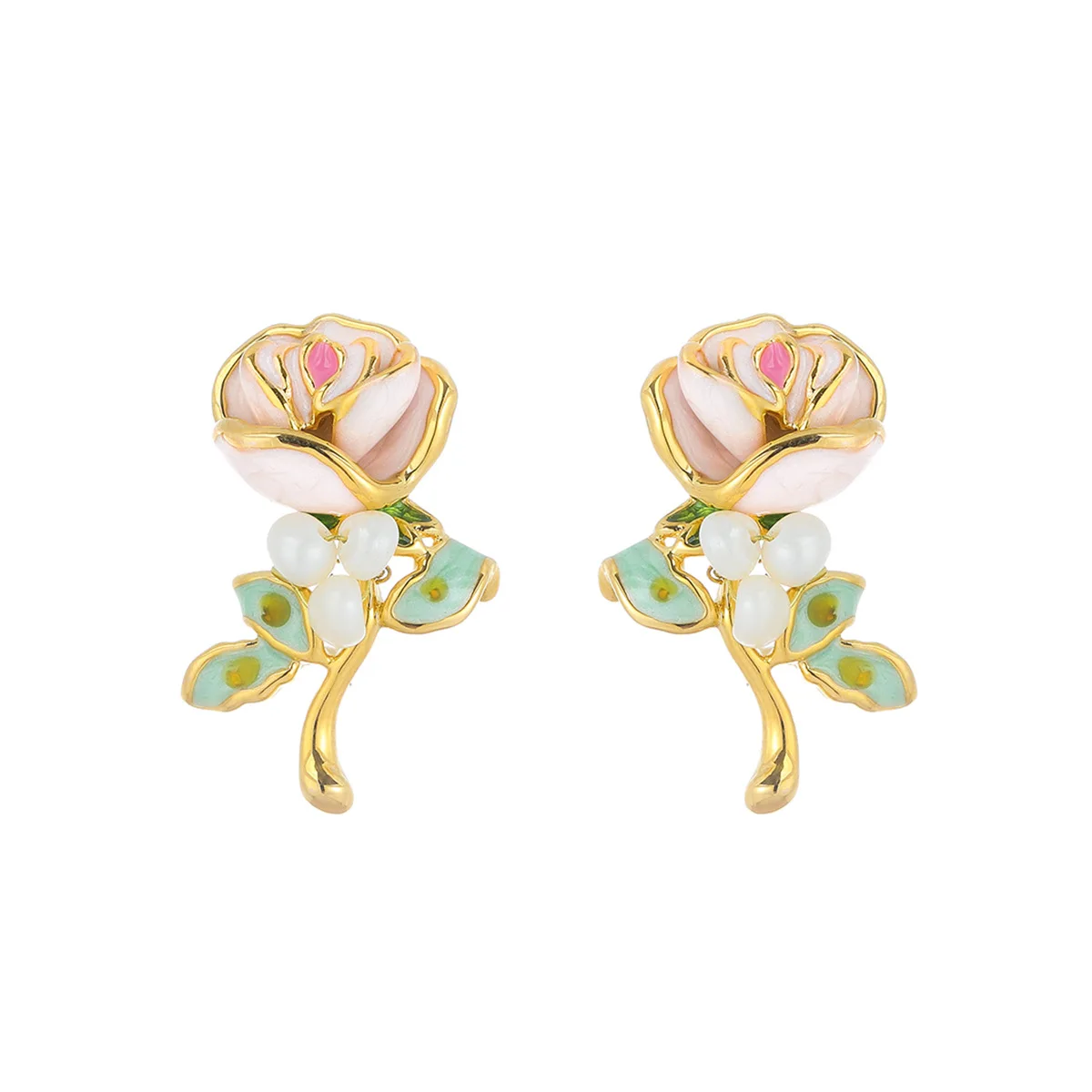Medieval-style silver needle enamel oil dropper earrings, rose flower copper-plated with real gold and pearl jewelry