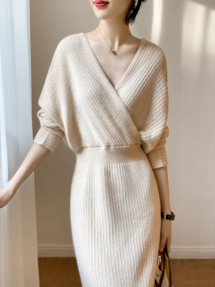 Knit Dress Women V Neck Crisscross Elastic Waist Wrap Hip Dresses Slim Fit Full Sleeve Thick Vestidos Elegant Autumn 2024