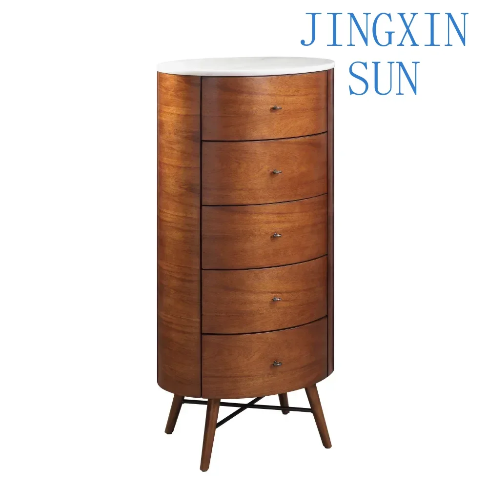 Minimalist Nordic Walnut Finish Five Drawers of 1pc Chest Marble Top Ball Glides Bearing Bedroom Furniture