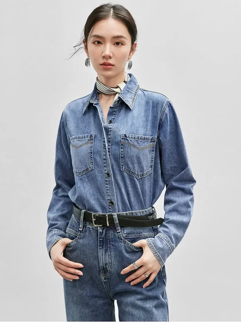 SENTUBILA Retro Cotton Denim Shirt for Women 2025 Spring Washed Turn Down Collar Single Breasted Comfort Casual Blouse W43C56147