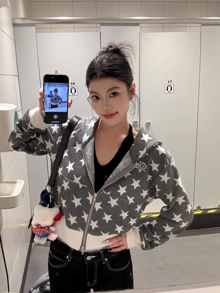 펑크 하라주쿠 아메리칸 빈티지 귀여운 프린트 후드 일본 패션 루즈 Y2k 미적 스웨터 가을 모든 경기 옷 New