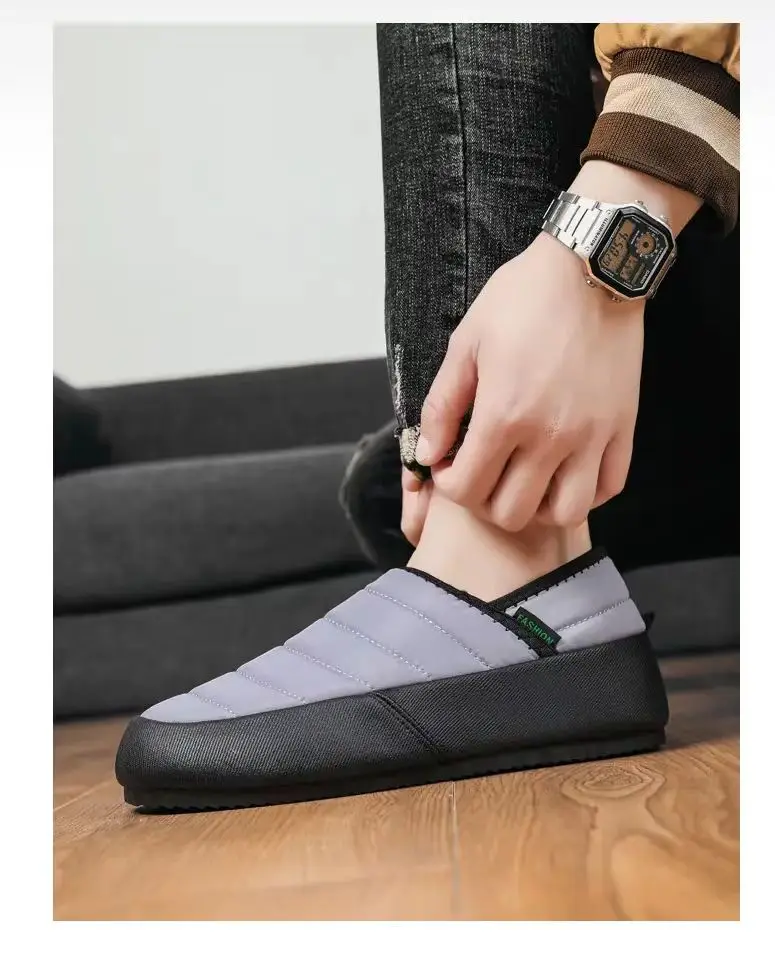 2024 New Men\'s Winter Low Top Plush Warm Casual Cotton Shoes Thick Sole Non Slip Slip-On Snow Shoes Flat Sole Cotton Shoes