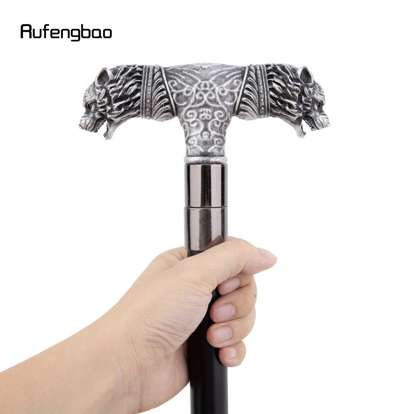 Silver Resin Wolf Double Head Walking Cane Fashion Steel Stick Elegant Cosplay Cane Knob Crosier Performance Stage Cane 92cm
