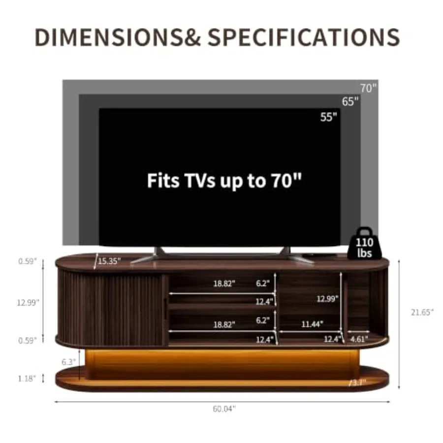 Living room TV stand, walnut finish MDF, mid century modern style, fluted design with LED lights, sliding door storage, 60-inch