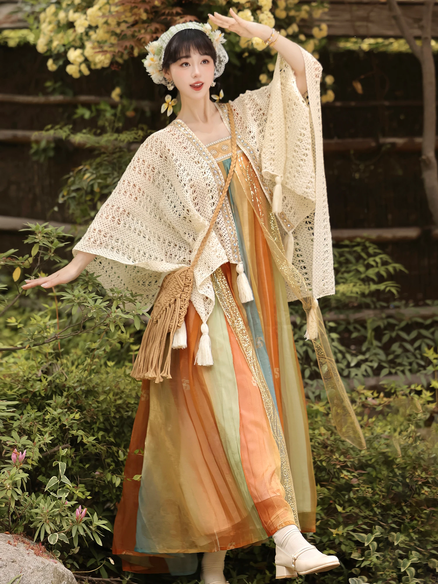 

Spring Outing Women's Tang Dynas Sle Chest-Length Hanfu Set Floral Print Casual Wear Polyester Fiber 8-25 Years Old