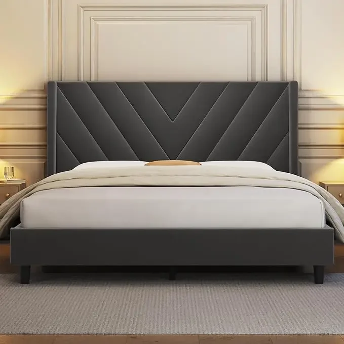 Queen Bed Frame Upholstered Platform Bed with Slat Support/Tufted Headboard /Mattress Foundation/No Box Spring Needed