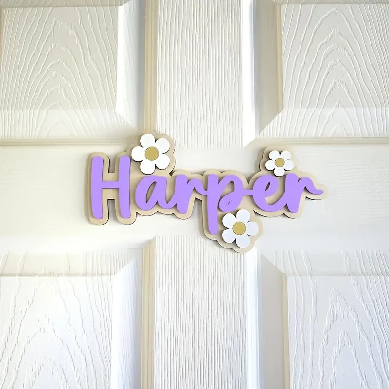 A double-layer letter wooden custom surname brand, with cute floral decorations on the wall, perfect birthday gift image 5