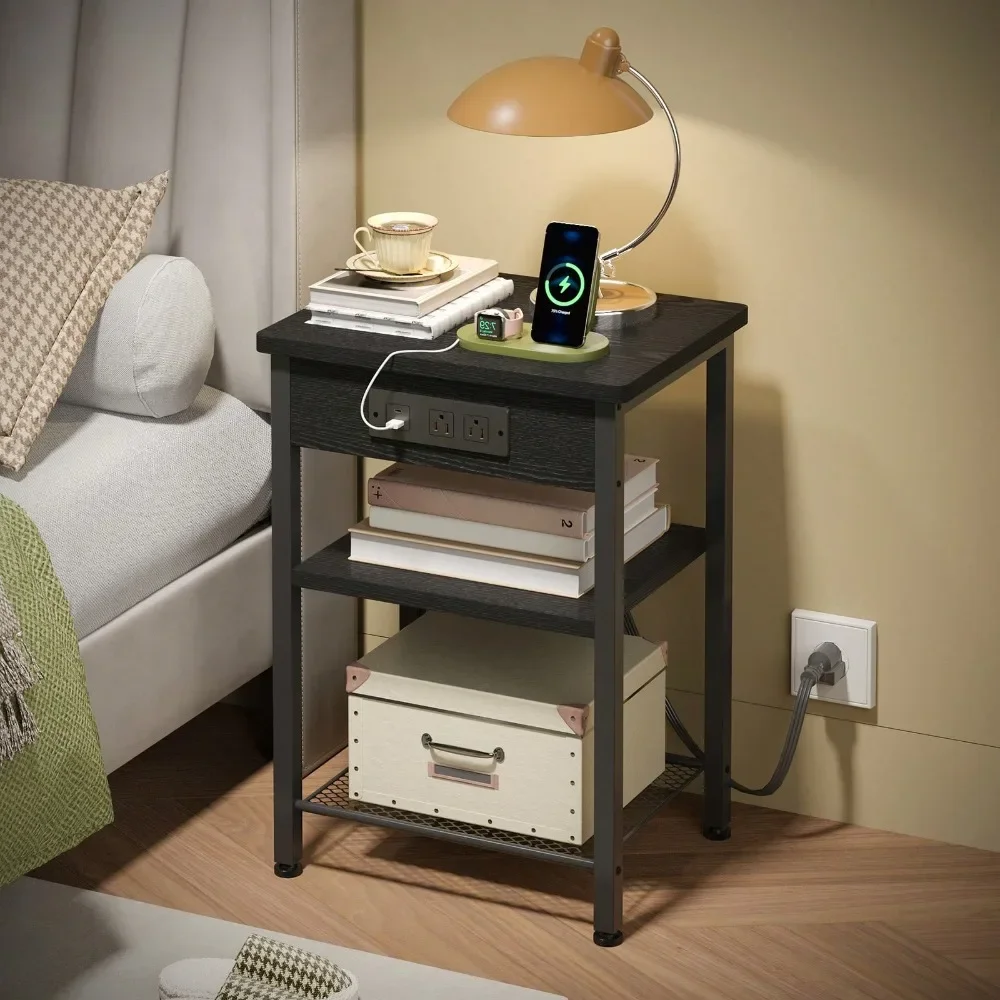 Nightstand With Charging Station & 3-Tier Storage, Bedside Table With Large Shelf Space, Modern End Table For Bedroom