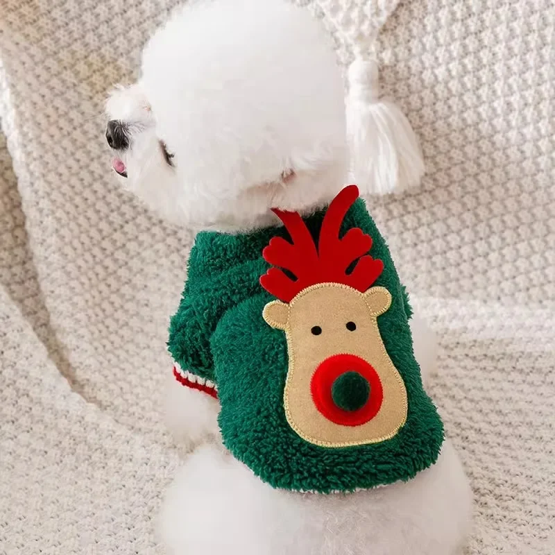 Green Red Christmas Dog Clothes Cute Elk Fleece Poodle Teddy Bichon Winter Warm Pet Festive Two Leg Pullover Small Dogs Clothing