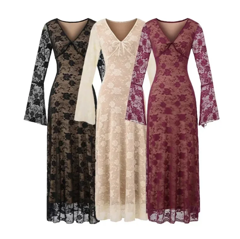 

Кружевное платье с глубоким v-образным вырезом для женщин, новинка лета 2025, облегающее расклешенное вечернее платье с длинными рукавами и драпировкой на бедрах