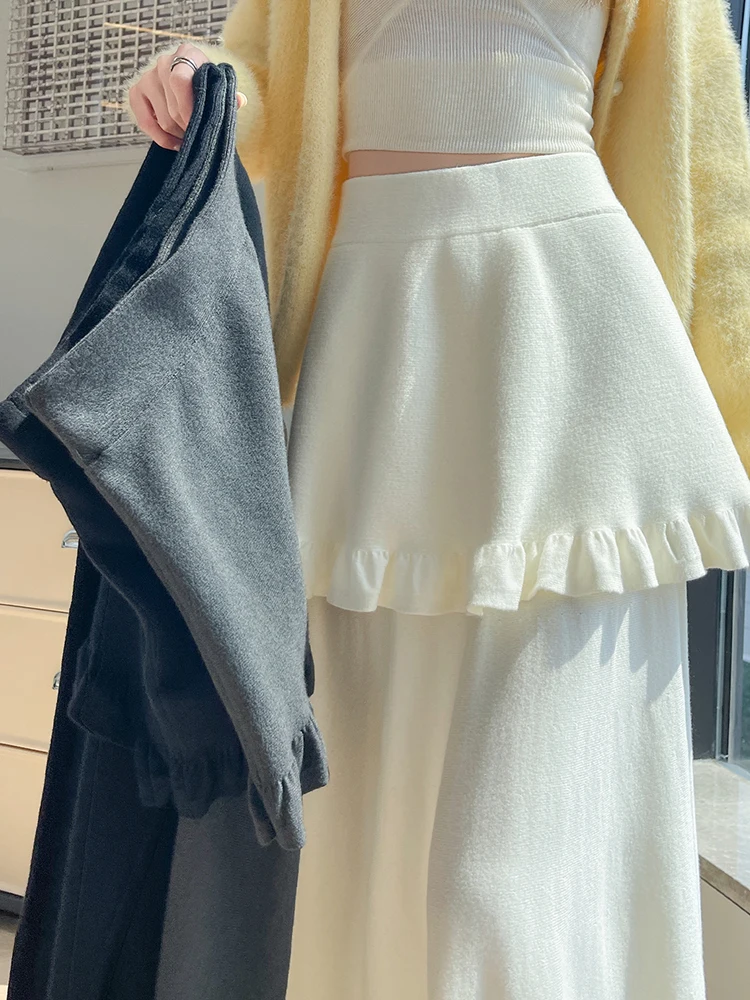 Fake two piece layered fart curtain knitted half skirt women autumn and winter new solid color design sense long skirt