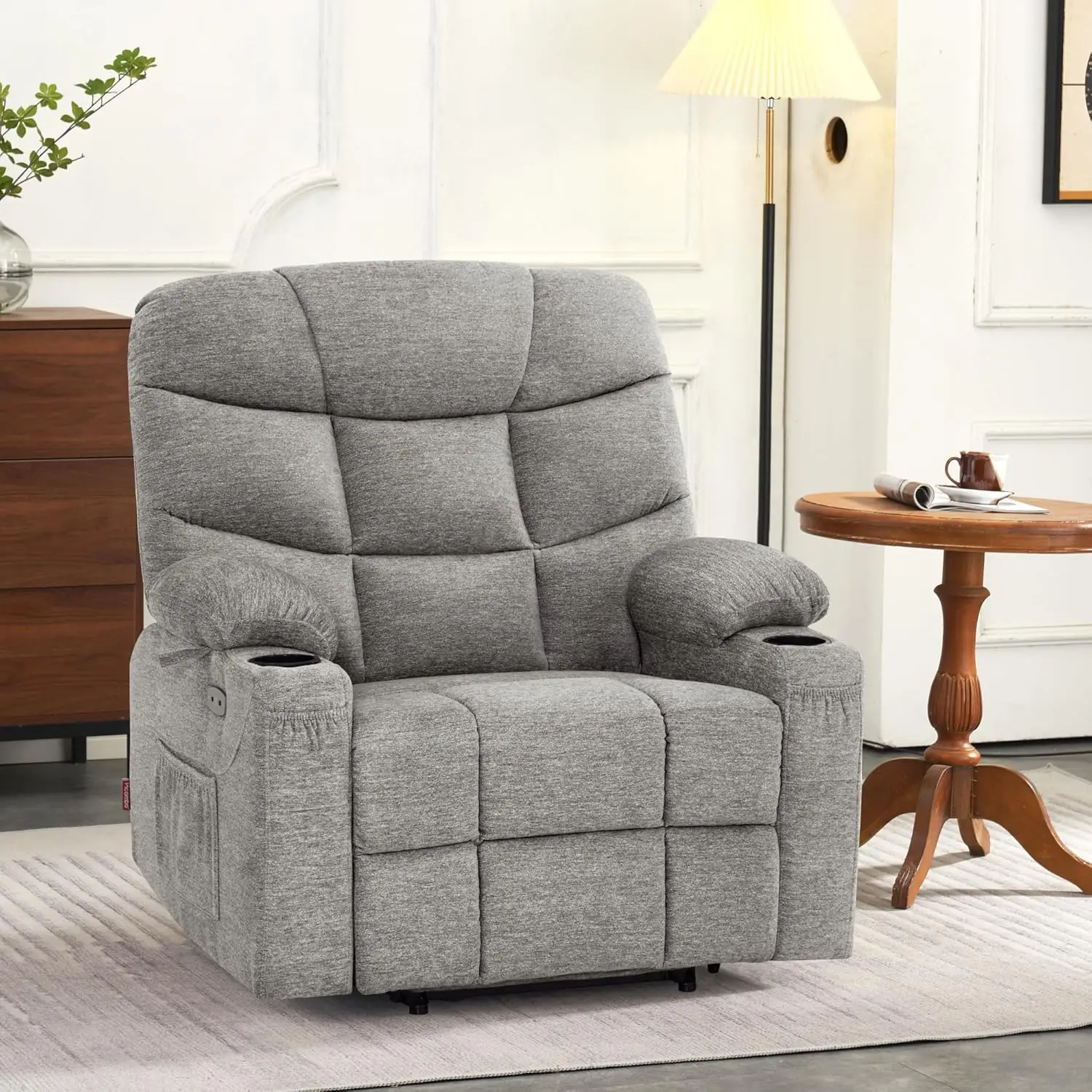 Power Lift Recliner Chair with Extended Footrest for Big Elderly People, Fabric (Light Grey, Medium-Wide)