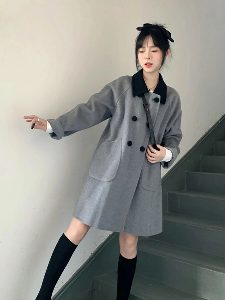 

Women Advanced Sense Double Breasted Mid Length Version Coat Korean Temperament Age Reduction Loose Academic Style Coat 2023 New