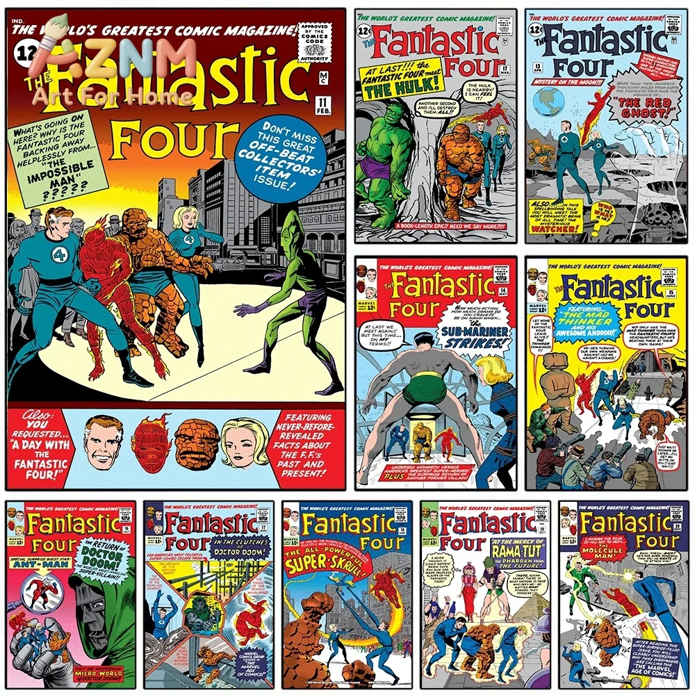 AZNM The Fantastic Four Vintage Comic Cover Collage Canvas Wall Art Unframed Print, Superhero Poster for Living Room Bedroom H