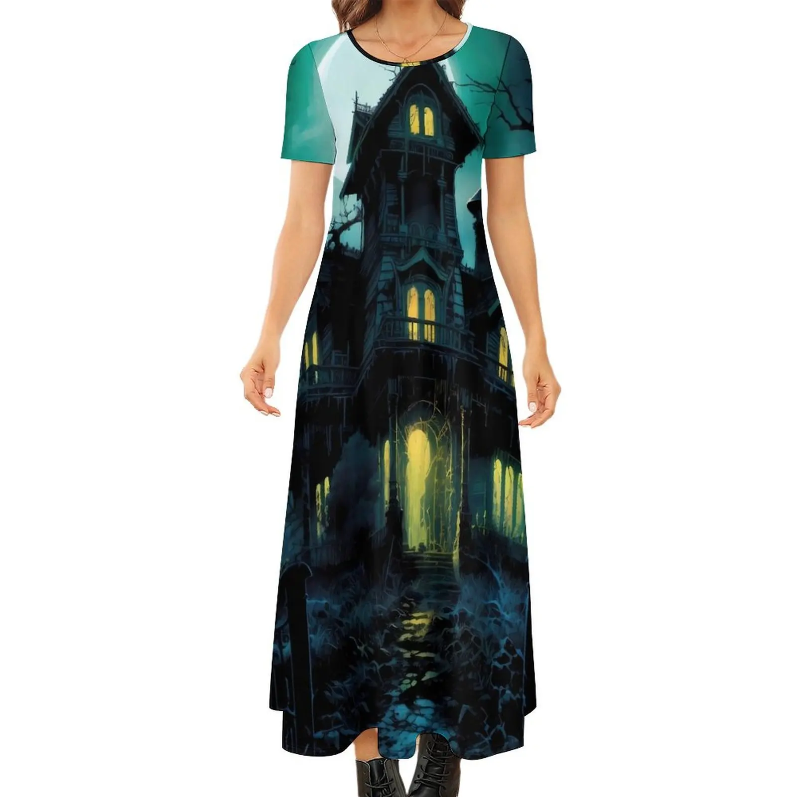 

Haunted Mansion Dress Halloween Print Elegant Maxi Dress Short Sleeve Aesthetic Bohemia Long Dresses Woman Oversized Clothing