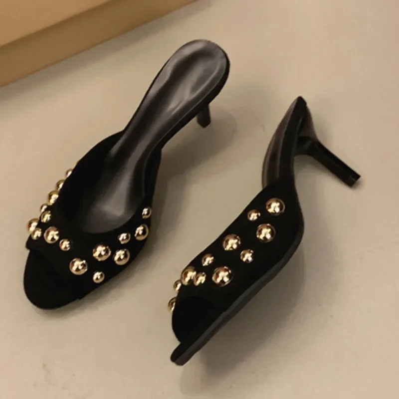 Novelty Thin Heels Peep Toes Sandalias De Mujer Crystal Square Toes Slip On Woman Slippers Solid Patent Leather Zapatos Mujer 42 image 6