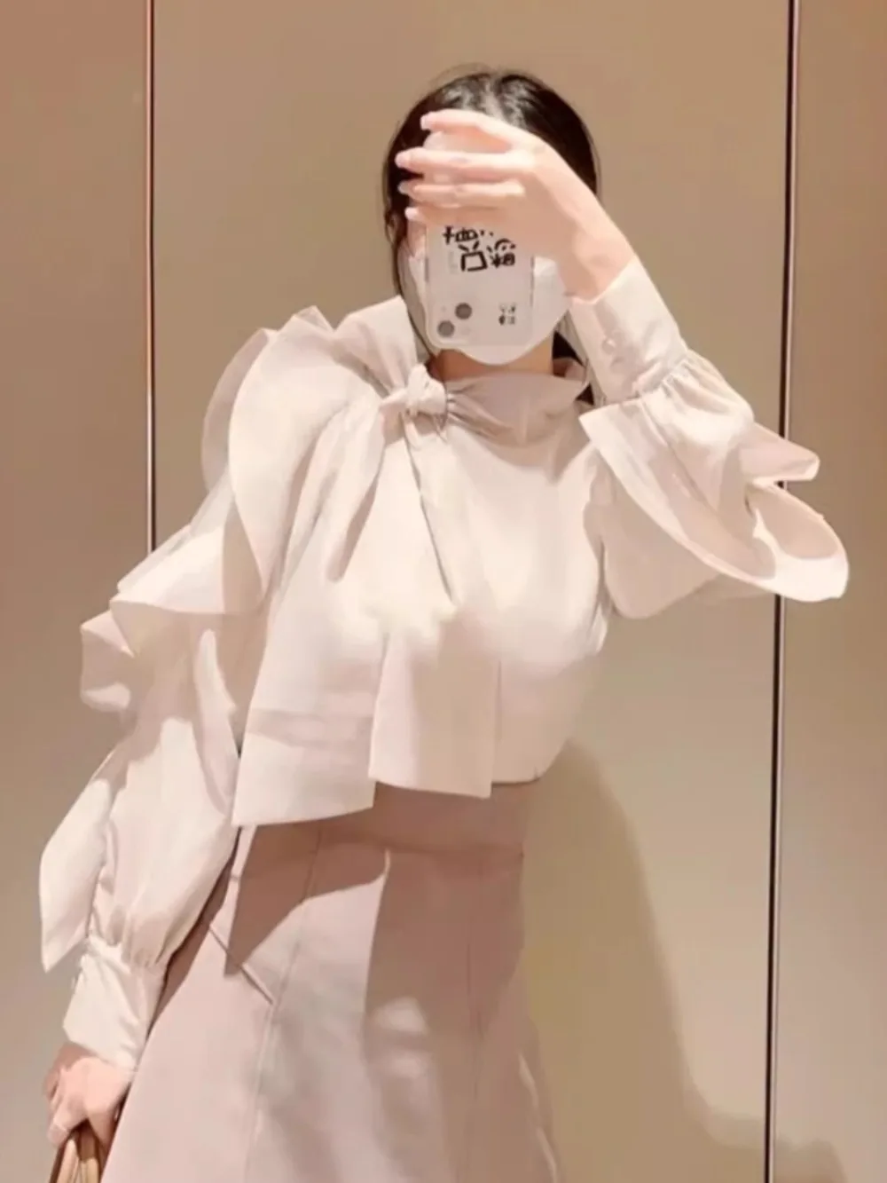 

Kuzuwata Print Ruffled Lace Up Pullover Shirt Sweet O Neck Bow Casual All-match Blouses Japan French Fungus Fresh Minority Tops