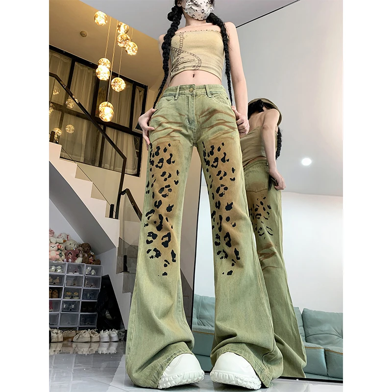 

Low-waisted Leopard-print Denim Pants Punk Wash To Make Old Retro Slim-fit Mopping Loudspeaker Shaped Trousers Jeans Women 2024