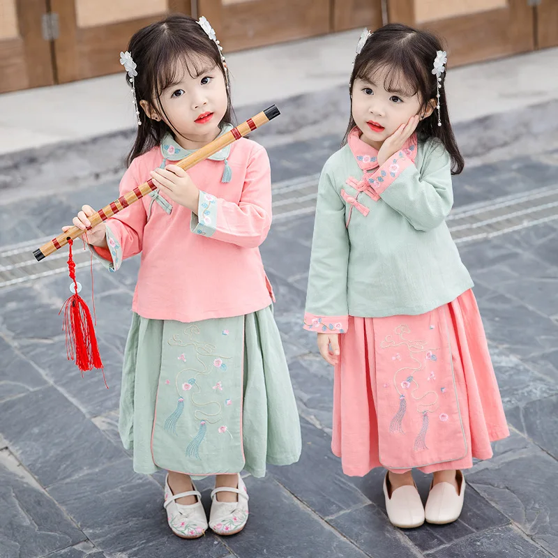 Girls Autumn New Two Piece Sets Chinese Style Embroidery Hanfu Qipao Children Lovely Sweet Role Play Vintage Button Costume