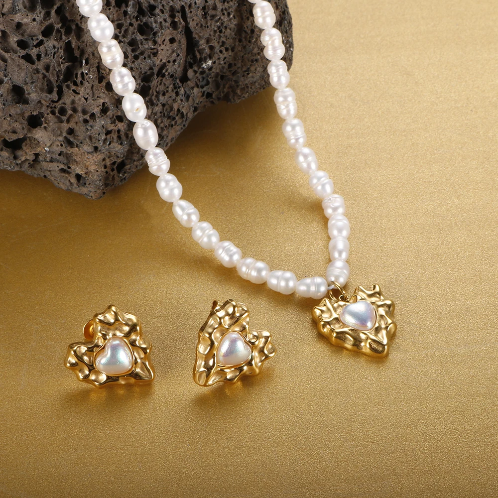 

Heart Jewelry Set Necklaces Earrings For Women Freshwater Pearl Necklace Gold Color Lover Choker Female Jewelry Gift