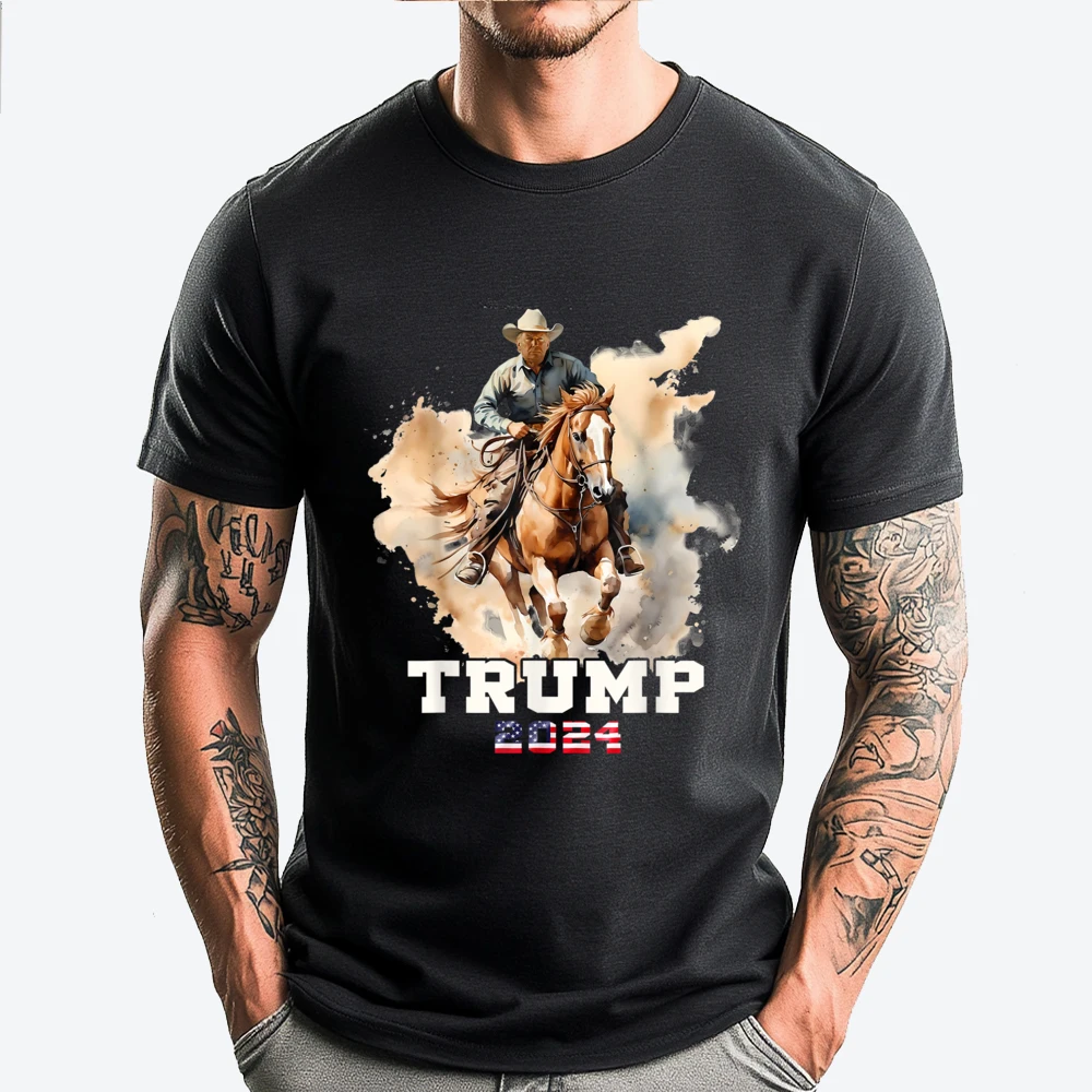 

Trump Riding Horse American Flag Cowboy Vintage T Shirts Printed T-Shirt Vintage Style