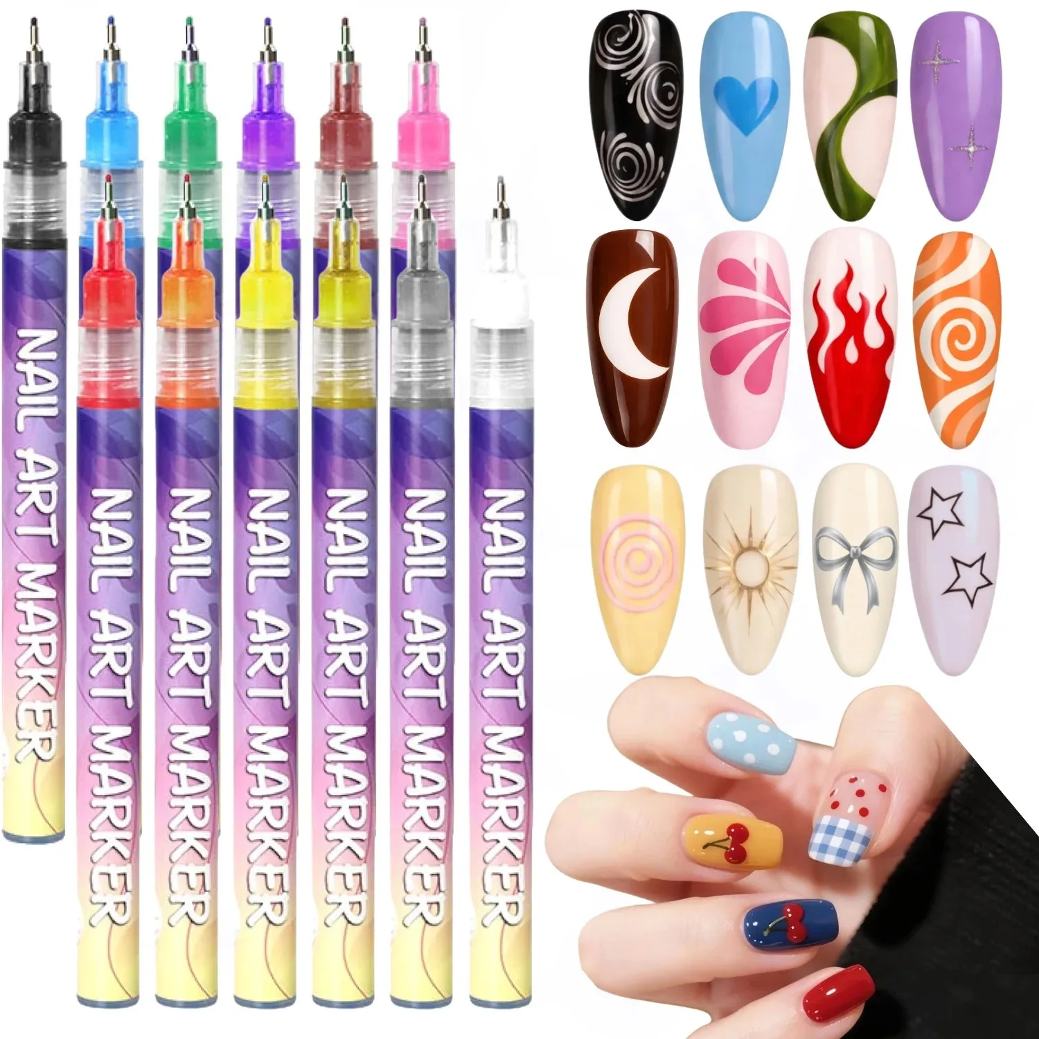 12 Colors 3D Nail Art Pens Set, 0.5mm Fine Tip, Waterproof and Quick-Drying Nail Polish Markers, Nail Painting Kit for DIY Nail
