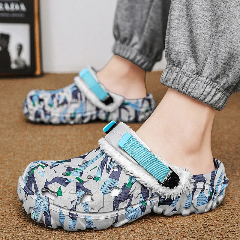 شباشب رجالية قباقيب شتوية دافئة أحذية فروي قطيفة إيفا الشرائح لينة مريحة عدم الانزلاق الصنادل النعال حذاء كاجوال قباقيب الرجل