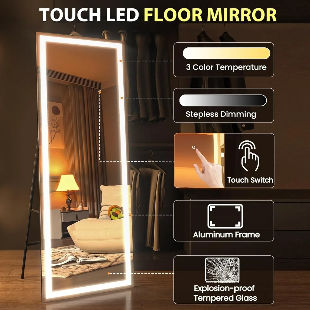 67X20 Inch LED Full Length Mirror with Lights, Black Frame Lighted Floor Mirror, Stand and Wall Mounted Long Mirror