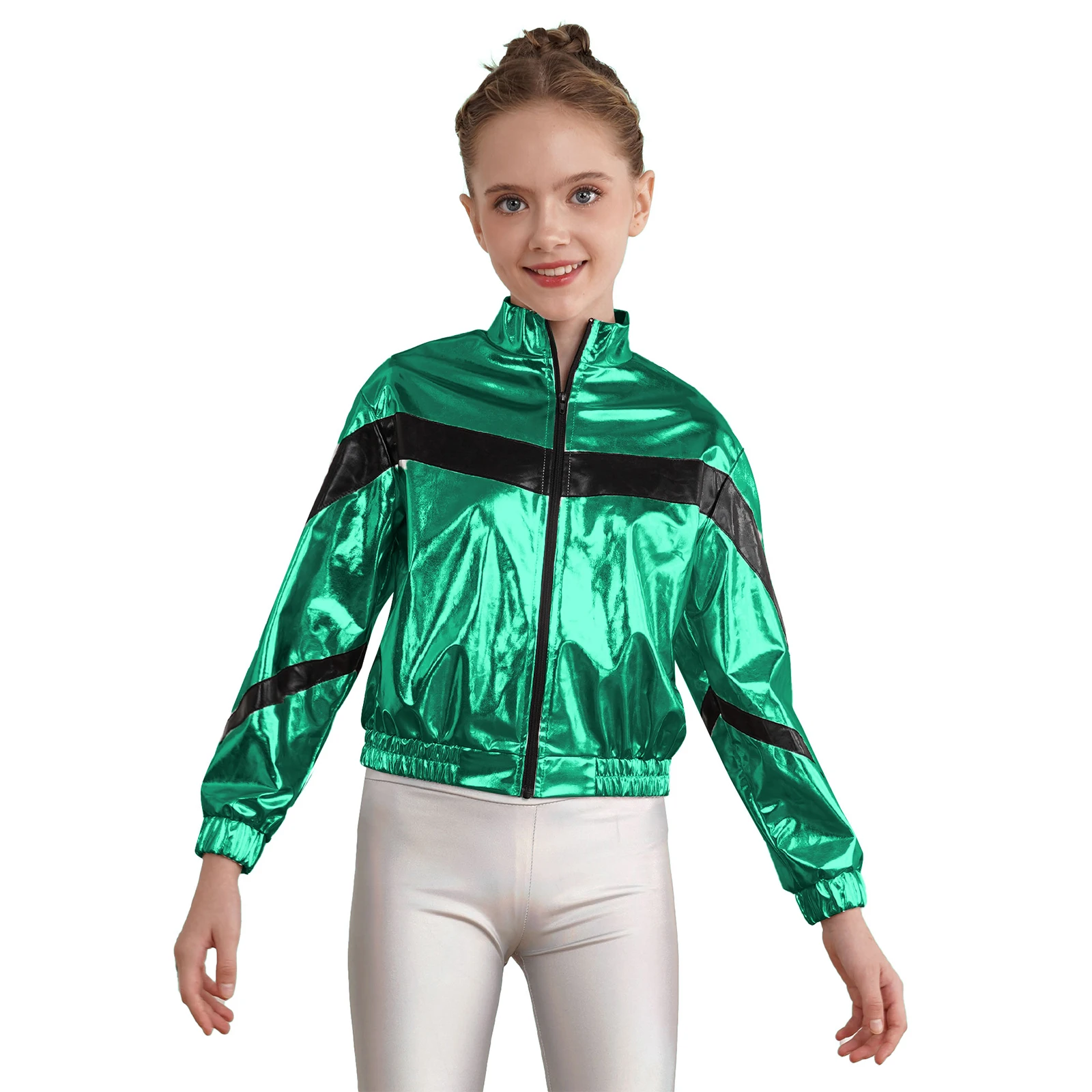 Fashion Girls Boys Shiny Metallic Baseball Jacket Long Sleeve Bomber Jacket Jazz Hip-hop Street Dance Coat Clubwear Outerwear