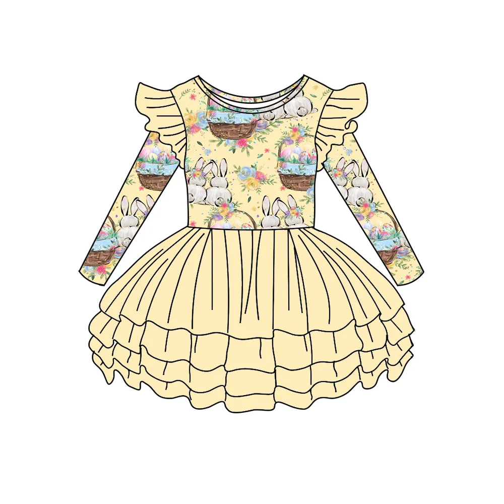New Design Easter Girls Dress Mesh Collection Long Sleeve Lace Rabbit Flower Print Mesh Dress Girls Boutique Children's Clothing