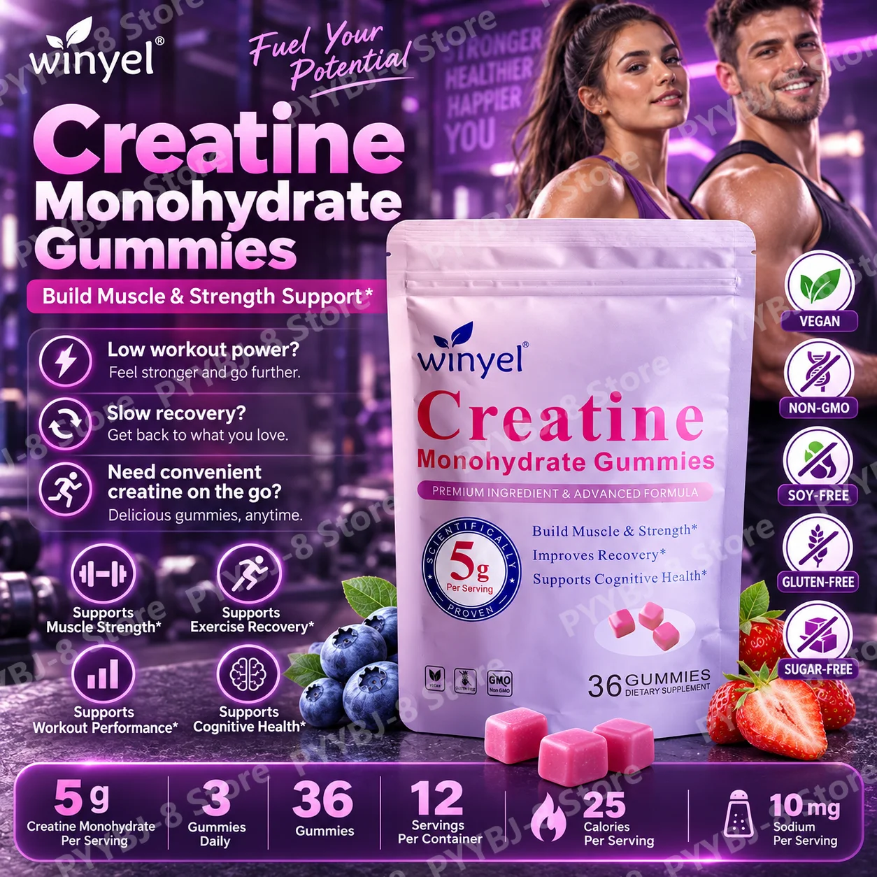 Creatine Monohydrate Gummies Build Muscle & Strength, Improve Recovery, Vegan Non-GMO Gluten-Free, Sugar-Free, 36 Gummies