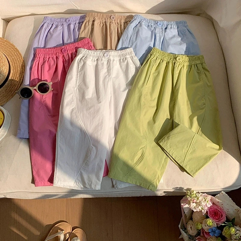 

Летние однотонные тонкие брюки-карго для девочек 2-10 лет, повседневные свободные широкие брюки-джоггеры с защитой от комаров, модные детские брюки