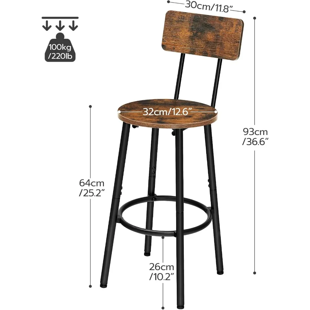Set of 2 Round Bar Stools with Back,25.2" Kitchen Island Chairs,Easy Assembly,Rustic Brown & Black