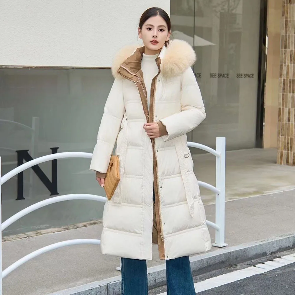 2024 Winter New White Duck Down Slim Korean High-end Temperament Joker Long Fashion Fur Collar Down Jacket Female Tide.