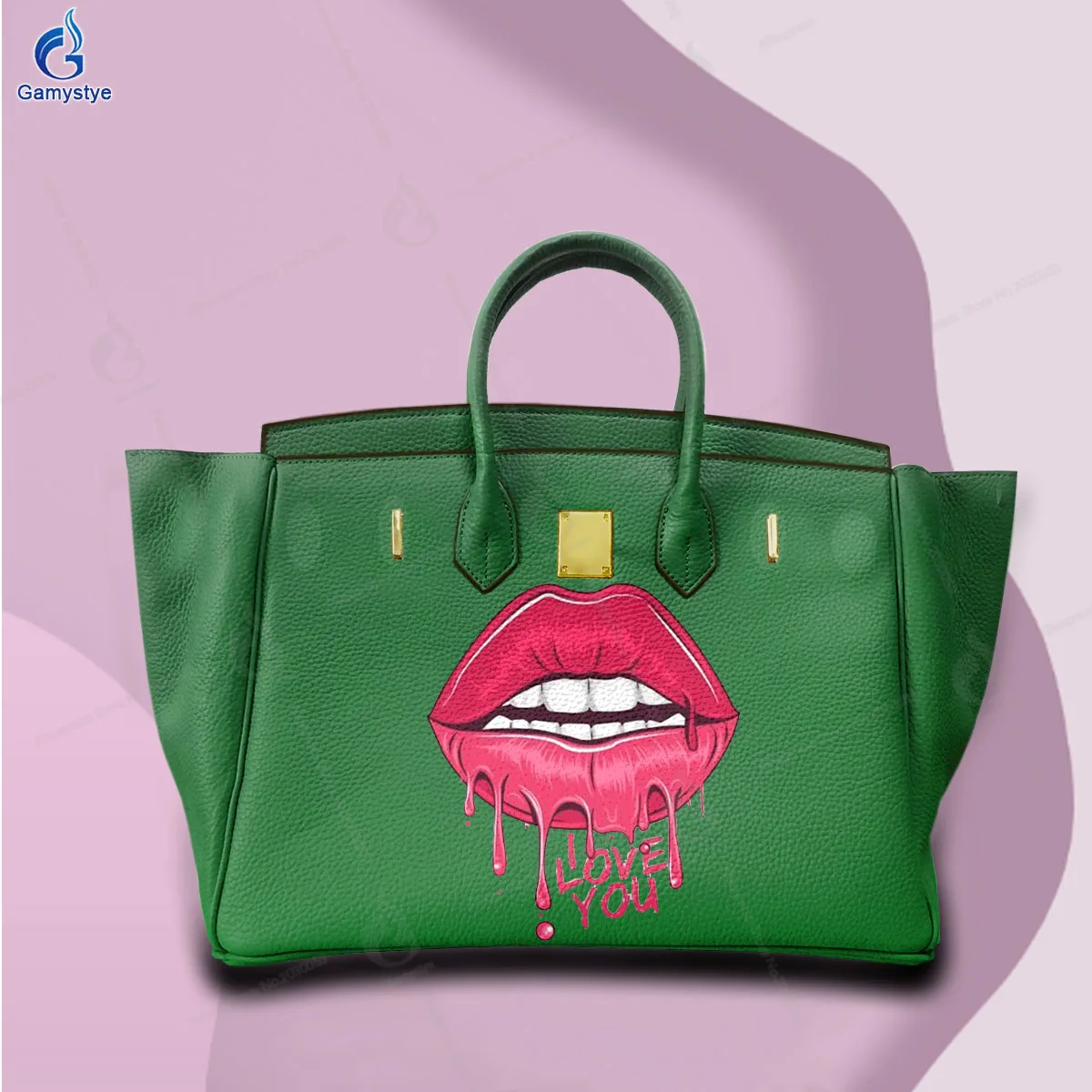 

Printed Customize Art Pink lips and English love you Bags Genuine Leather For women Handbags Designer Shoulder Bag Big Capacity