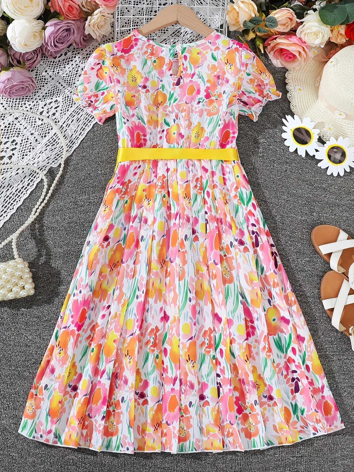 Summer Casual Floral Pattern Lantern Sleeve Dress for Girls with Belt Fashionable Comfortable All-Match for Leisure Outings