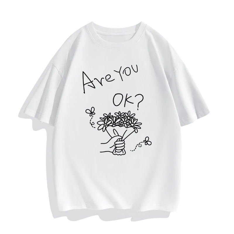 Are You Ok? Line Bouquet T-shirt 2024 New Korean Version Trendy Summer Women's Clothing Cute Loose Short Sleeves