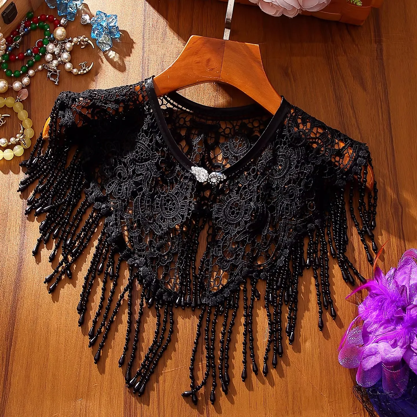 

Women's Black Tassel Lace Pashmina Female Spring Autumn Vintage Shawl Cloak Collar R2316