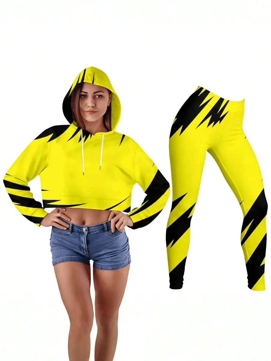 

Womens Cropped Hooded Sweatshirt And Leggings Set Yellow Black Lightning Stripe Print Casual Sporty Outfit