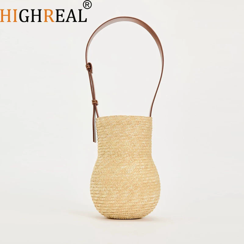 Summer Straw Shoulder Bags Drawstring Women\'s Straw Bucket Bag Purse Raffia Woven Straw Handbags Casual Tote Beach Crossbody Bag