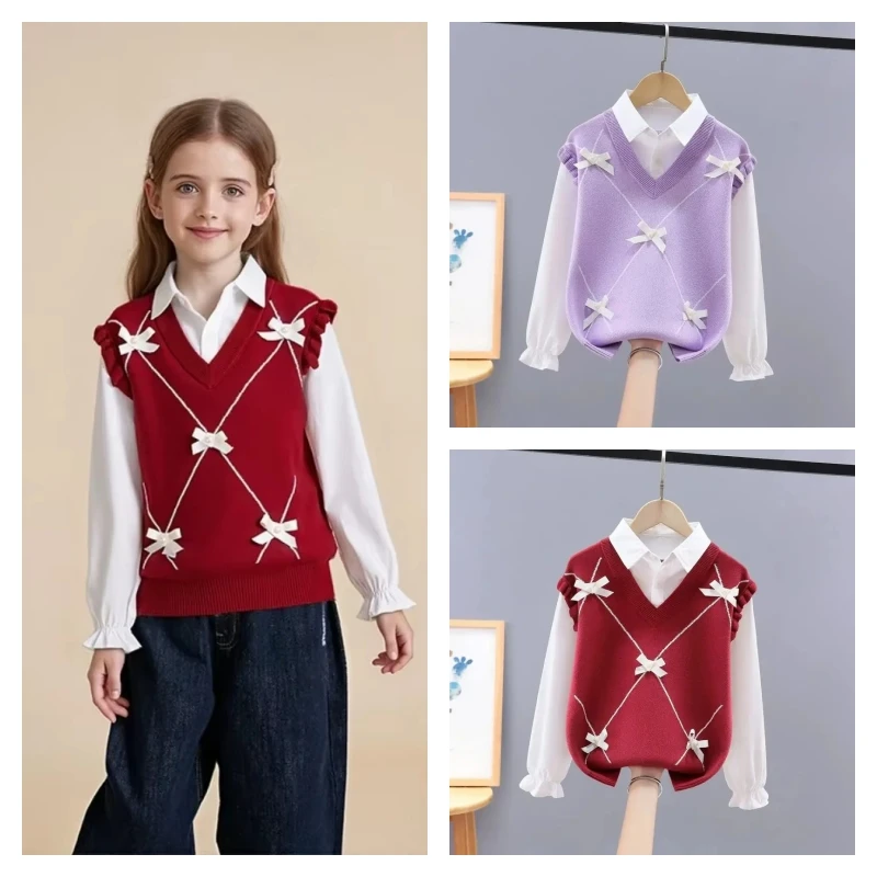 

Популярный кавайный модный свитер для девочек, студенческий осенне-зимний повседневный трикотаж с лацканами и длинными рукавами, топы, детская одежда