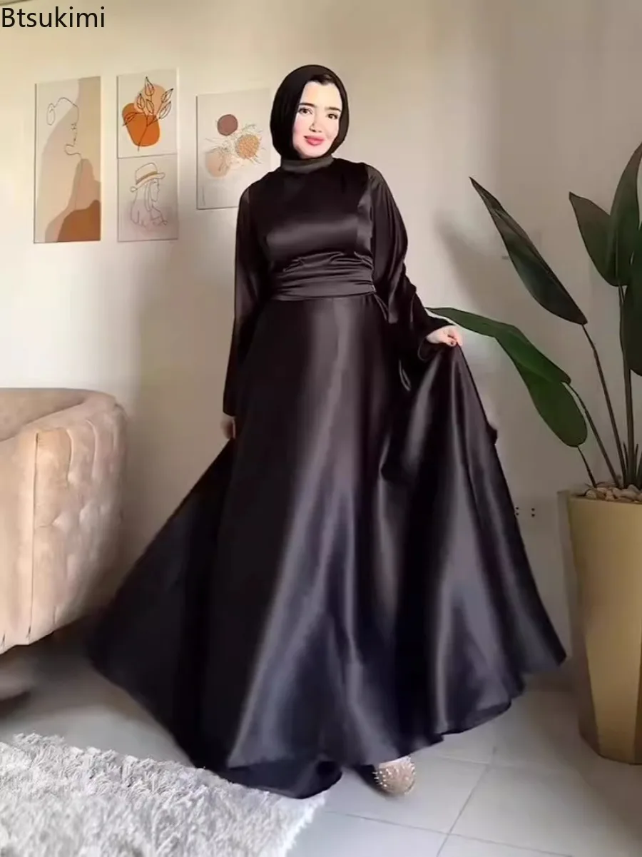 

Eid Muslim Women Dresses Flare Sleeve Vestidos Sashes Jalabiya Kaftan Solid Elegant Arab Long Robe Ramadan Morocco Modest Abayas