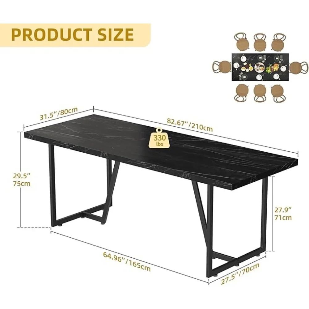 82.6'' Large Modern Dining Table for 8-10 People, Rectangular Black Kitchen Dining Room Table with Faux Marble