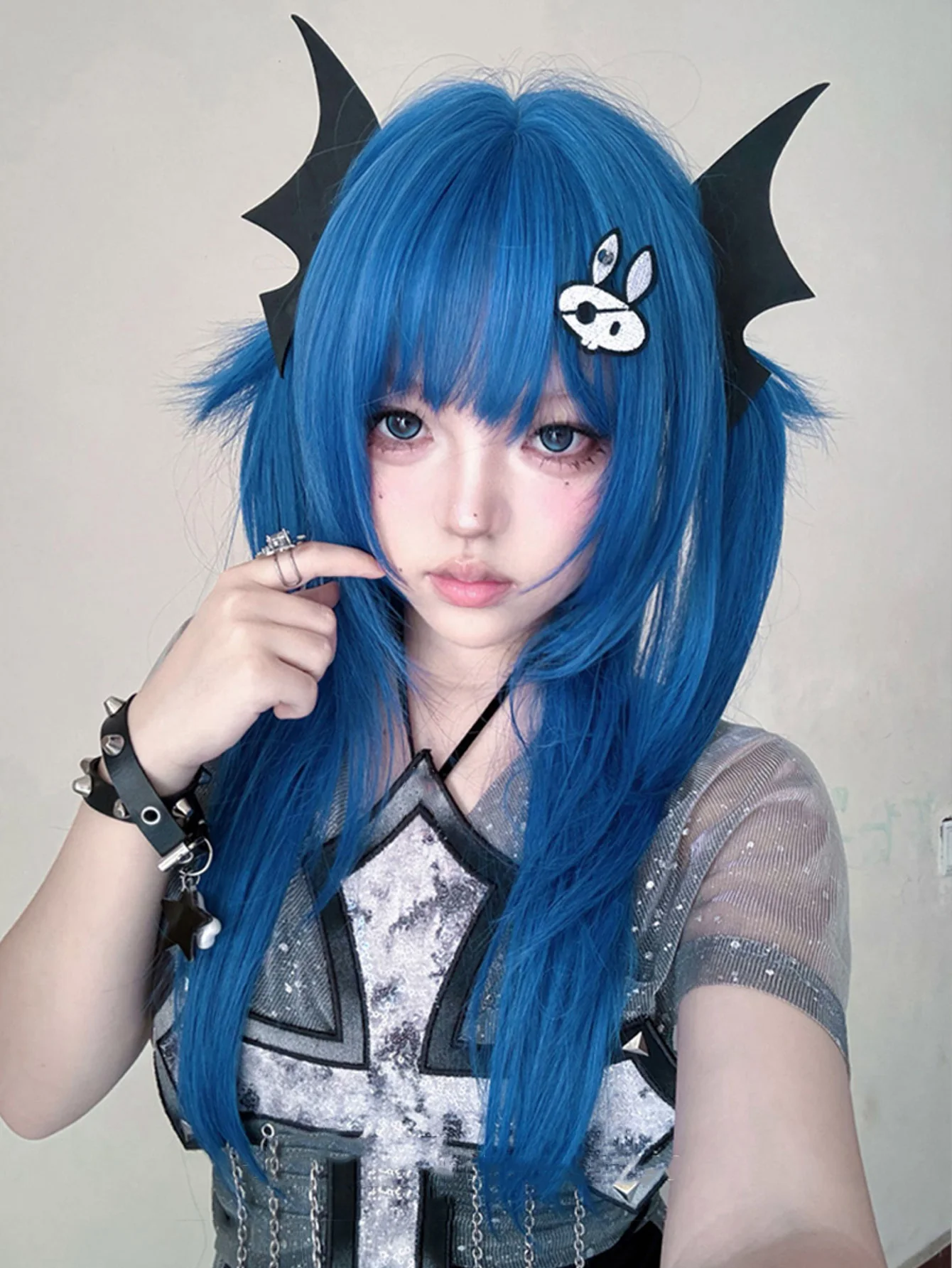 OLACARE 24 Inch Long Synthetic Straight Hair Heat-Resistant Blue Wig Cosplay Wig With Bangs For Women