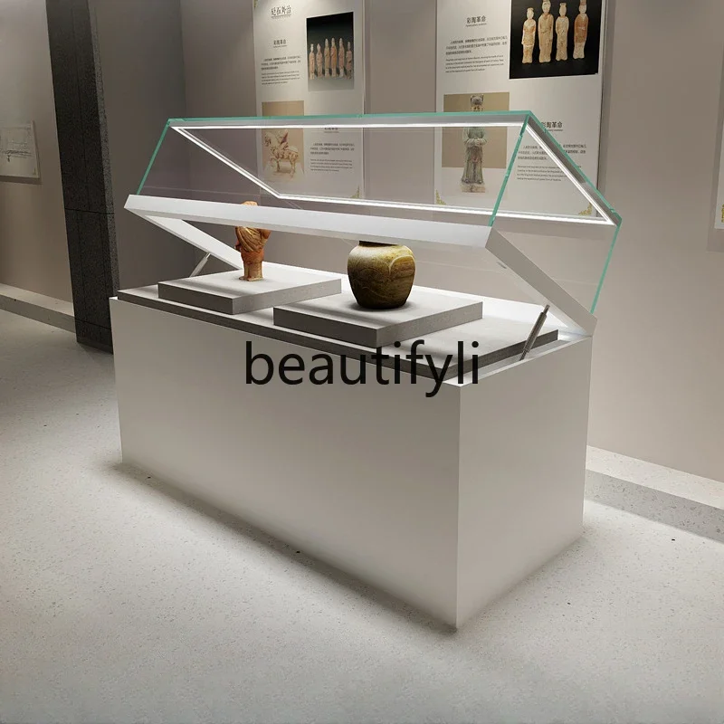 

S1S Professional custom museum glass display cabinet metal antique cultural relics display hydraulic flat cabinet