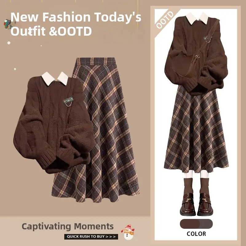 

Early Spring 2026 Three-Piece Set Long Sleeve Knitted Sweater Base Shirt Plaid Skirt Fashion Ensemble for Young Women