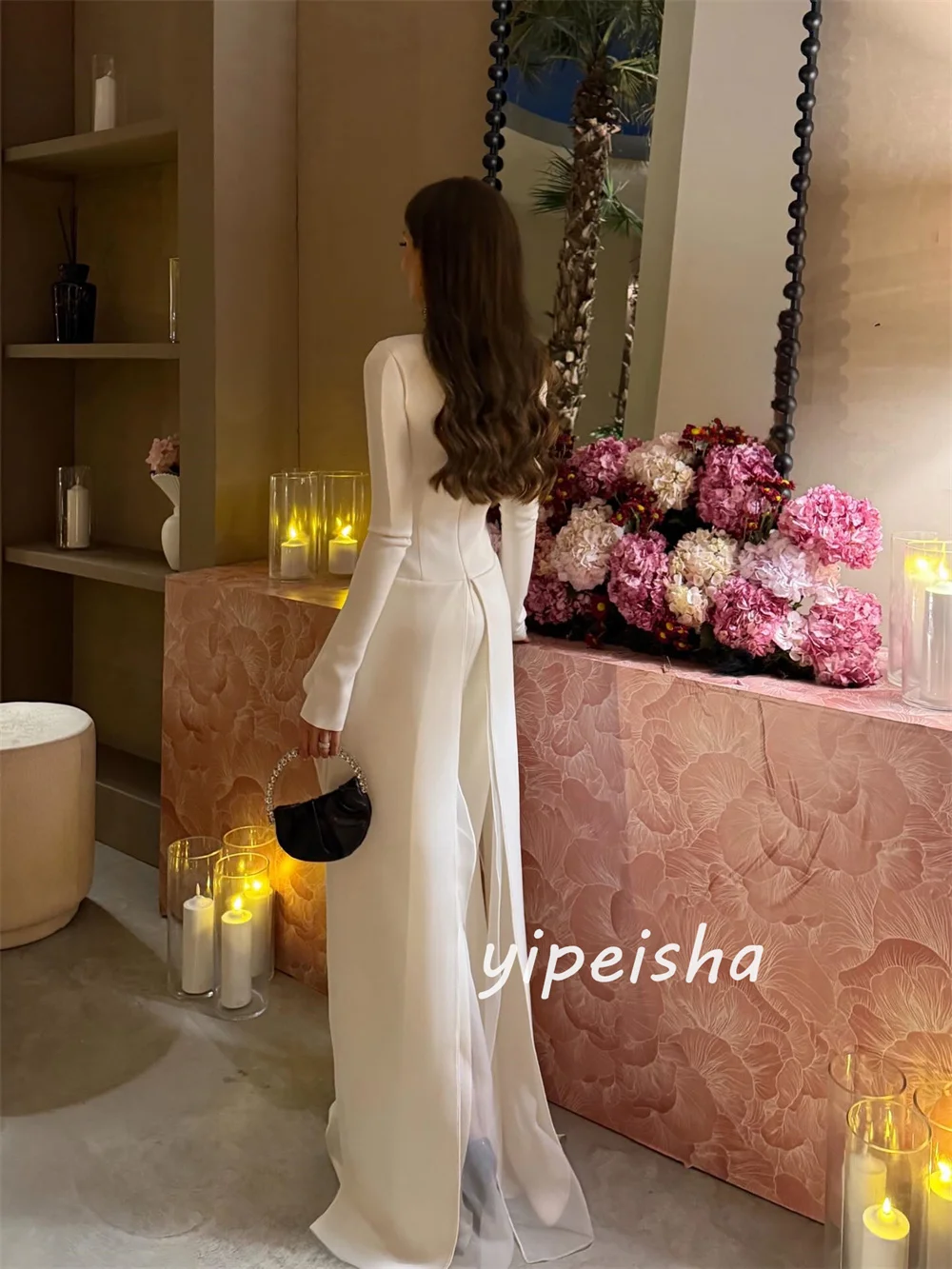 Customized Matching Fashion Jersey Pleat Ruched Straight High Collar Floor-Length Evening Dresses Sizes Available Exquisite